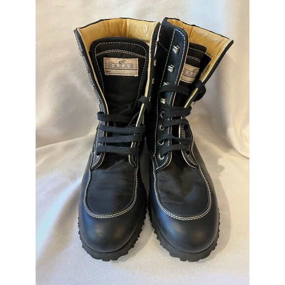 Hogan Outerwear Lace Up Hiking Work Boot, Black Leather & Nylon Women’s Size 6.5 - Picture 1 of 12